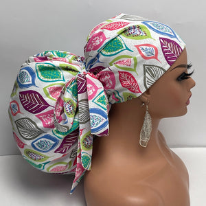 2XL JUMBO PONY SCRUB Cap, colorful leaves Cotton fabric surgical nursing hat satin lining option for Extra long/thick Hair/Locs