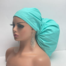 Load image into Gallery viewer, 2XL JUMBO PONY SCRUB light teal solid cotton fabric surgical nursing hat satin lining option for Extra long/thick Hair/Locs