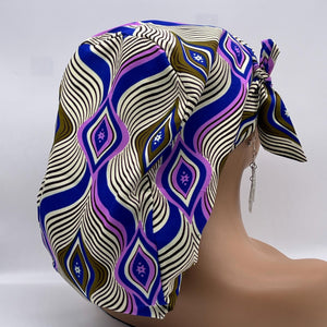 Ponytail SCRUB CAP off white purple blue cotton fabric surgical scrub hat nursing caps, satin lining option for long hair