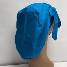 Load image into Gallery viewer, Ponytail SCRUB CAP Caribbean Sea blue cotton fabric surgical scrub hat nursing caps, satin lining option for long hair