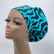 Load image into Gallery viewer, Niceroy Satin Lined Surgical SCRUB CAP Turquoise blue black Ankara Europe style nursing caps cotton African print fabric and .