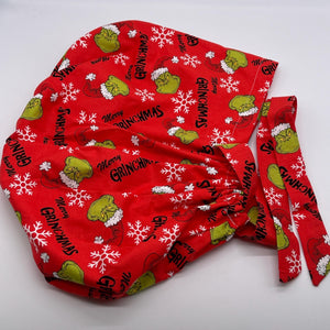 Christmas 2XL JUMBO PONY SCRUB Cap,  Grinch grinchmas cotton fabric surgical nursing hat satin lining option for Extra long/thick Hair/Locs