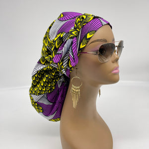 Ponytail PONY SCRUB CAP, purple and yellow Ankara cotton fabric surgical scrub hat nursing caps, satin lining option for locs/Long Hair