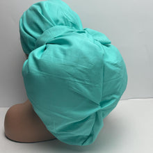 Load image into Gallery viewer, 2XL JUMBO PONY SCRUB light teal solid cotton fabric surgical nursing hat satin lining option for Extra long/thick Hair/Locs