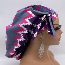 Load image into Gallery viewer, Ponytail PONY SCRUB CAP, purple pink gray white Ankara cotton fabric surgical scrub hat nursing caps, satin lining option for locs/Long Hair