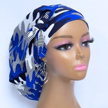 Load image into Gallery viewer, Ponytail Satin Lined PONY SCRUB CAP, Navy White Royal Blue Ankara  fabric surgical scrub hat  nursing caps for locs/Long Hair