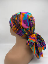 Load image into Gallery viewer, Ponytail Ankara PONY SCRUB CAP, Kente cotton fabric surgical scrub hat pony nursing caps and satin lining option for locs /Long Hair