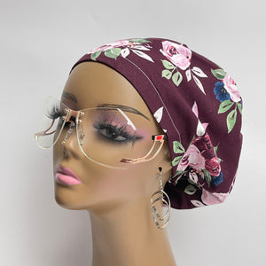 Adjustable surgical OR SCRUB CAP, maroon burgundy Floral Europe style nursing caps with flowers and satin lining option.