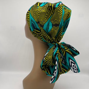 Ponytail Ankara PONY SCRUB CAP, cotton fabric surgical scrub hat pony nursing caps and satin lining option for locs, braid, long hair