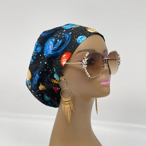 Adjustable surgical OR SCRUB CAP, Solar System night sky Europe style Summer nursing caps  and satin lining option.