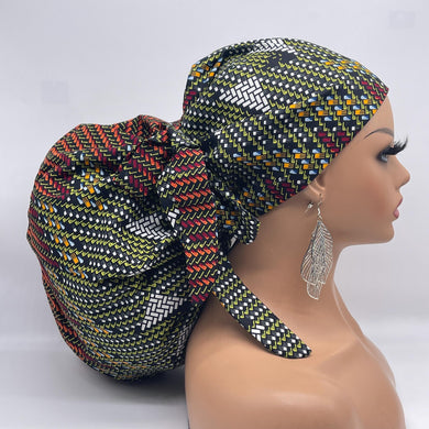 2XL JUMBO PONY Scrub Cap, brown cream surgical nursing hat and satin lining option for Extra long/thick Hair/Locs