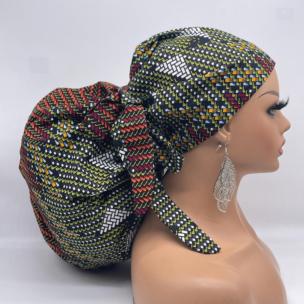 2XL JUMBO PONY Scrub Cap, brown cream surgical nursing hat and satin lining option for Extra long/thick Hair/Locs
