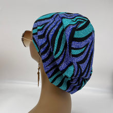 Load image into Gallery viewer, Niceroy Satin Lined Satin Lined surgical SCRUB HAT CAP,  Ankara Europe style nursing cap blue  teal black African print fabric and .