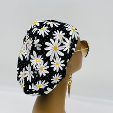 Load image into Gallery viewer, Adjustable surgical OR SCRUB CAP, Black, White and yellow cotton fabric Daisy Europe style Summer nursing caps  and satin lining option.