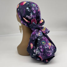 Load image into Gallery viewer, Adjustable Dread Locs and Long braids HAT Cap, Long pony style nursing scrub caps made with purple solar system fabric