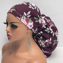 Load image into Gallery viewer, 2XL JUMBO PONY SCRUB burgundy maroon pink cotton fabric surgical nursing hat satin lining option for Extra long/thick Hair/Locs