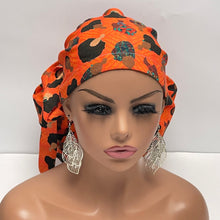 Load image into Gallery viewer, 2XL JUMBO PONY SCRUB Cap, earth orange black women fabric surgical nursing hat satin lining option for Extra long/thick Hair/Locs