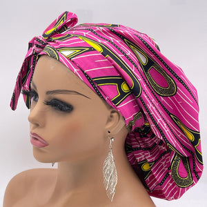 Ponytail PONY SCRUB CAP, pink and yellow Ankara cotton fabric surgical scrub hat nursing caps, satin lining option for locs /Long Hair