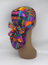 Load image into Gallery viewer, Ponytail Ankara PONY SCRUB CAP, Kente cotton fabric surgical scrub hat pony nursing caps and satin lining option for locs /Long Hair