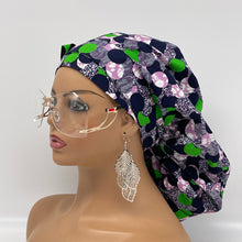 Load image into Gallery viewer, Adjustable Satin Lined PONY SCRUB CAP, Green Purple Black Ankara cotton fabric surgical scrub hat ponytail nursing caps for locs/Long Hair