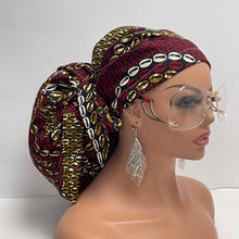 Load image into Gallery viewer, 2XL JUMBO PONY SCRUB Cap, maroon tan navy cotton fabric surgical nursing hat satin lining option for locs Braids Extra long/thick Hair