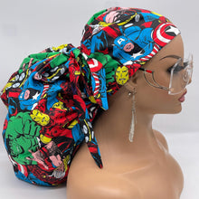Load image into Gallery viewer, 2XL JUMBO PONY SCRUB cap. Marvel characters cotton fabric surgical nursing hat satin lining option for Extra long/thick Hair/Locs