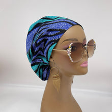 Load image into Gallery viewer, Niceroy Satin Lined Satin Lined surgical SCRUB HAT CAP,  Ankara Europe style nursing cap blue  teal black African print fabric and .