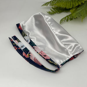 Niceroy satin lined  MEN unisex pixie surgical SCRUB HAT Cap, nursing caps, tie back cap,  navy blue floral cotton print