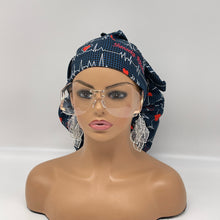 Load image into Gallery viewer, 2XL JUMBO PONY Scrub Cap, EKG  cotton fabric surgical nursing hat and satin lining option for Extra long/thick Hair/Locs