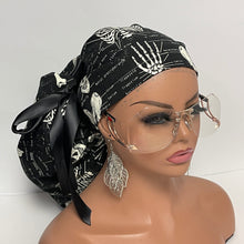 Load image into Gallery viewer, 2XL JUMBO PONY SCRUB Cap, Black white glow in the dark skeleton cotton fabric surgical hat satin for Extra long/thick Hair/Locs