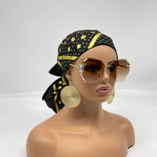 Load image into Gallery viewer, Ponytail PONY SCRUB CAP, black and metallic gold stars cotton fabric surgical scrub hat nursing caps, satin lining option for long hair