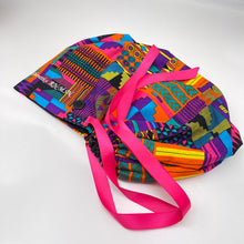 Load image into Gallery viewer, 2XL JUMBO PONY SCRUB Cap,pink, purple Kente cotton fabric surgical nursing hat satin lining option for Extra long/thick Hair/Locs