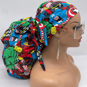 2XL JUMBO PONY SCRUB cap. Marvel characters cotton fabric surgical nursing hat satin lining option for Extra long/thick Hair/Locs