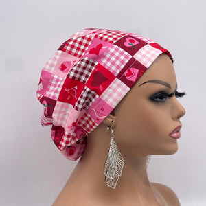 Niceroy Satin Lined VALENTINE EUROPE Style Adjustable SCRUB Cap nursing hats, Love Heart Cotton print fabrics and  Euro style caps