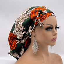 Load image into Gallery viewer, Ponytail SCRUB CAP off orange green floral cotton fabric surgical scrub hat nursing caps, satin lining option for long hair