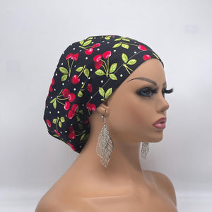 Adjustable surgical OR SCRUB CAP, black  red cherries cotton fabric Europe style nursing caps  and satin lining option.