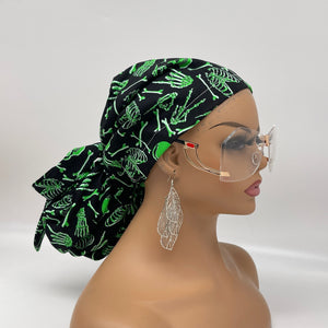 Ponytail PONY SCRUB CAP,  green skeleton glow in the dark cotton Halloween fabric surgical scrub hat, satin lining option for Long Hair