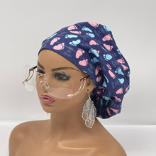 Load image into Gallery viewer, Labor Delivery Scrub Cap – Adjustable Satin Lined Hair Cap with Baby Feet Print