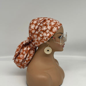 Ponytail PONY SCRUB CAP, Beige Rust Floral cotton fabric surgical scrub hat nursing caps and satin lining option, locs /Long Hair