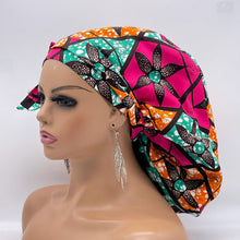 Load image into Gallery viewer, Ponytail SCRUB CAP pink and green cotton fabric surgical scrub hat nursing caps, satin lining option for long hair