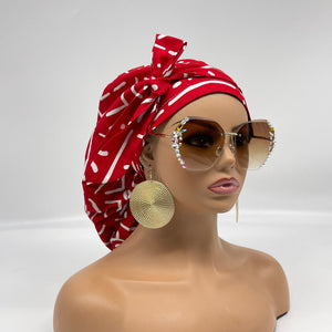 Ponytail PONY SCRUB CAP, Red and White Ankara cotton fabric surgical scrub hat pony nursing caps, satin lining option for locs/Long Hair