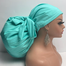 Load image into Gallery viewer, 2XL JUMBO PONY SCRUB light teal solid cotton fabric surgical nursing hat satin lining option for Extra long/thick Hair/Locs