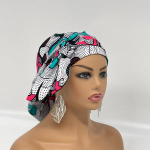 Ponytail Ankara PONY SCRUB CAP, cotton fabric surgical scrub hat pony nursing caps and satin lining option for locs /Long Hair Bonnet