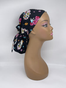 Ponytail PONY SCRUB CAP, skull cotton fabric surgical scrub hat pony nursing caps and satin lining option for locs /Long Hair