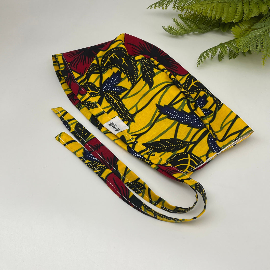Niceroy satin lined  MEN unisex pixie surgical SCRUB HAT Cap, nursing caps, tie back cap,  yellow red cotton print