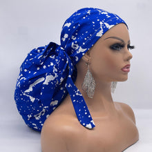 Load image into Gallery viewer, 2XL JUMBO PONY Scrub Cap, Royal blue and white surgical nursing hat and satin lining option for Extra long/thick Hair/Locs