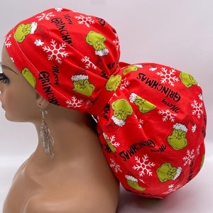 Christmas 2XL JUMBO PONY SCRUB Cap,  Grinch grinchmas cotton fabric surgical nursing hat satin lining option for Extra long/thick Hair/Locs