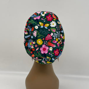 Surgical SCRUB HAT CAP,  Europe style mushroom daisy flowers cotton print fabric Euro hat multicolored floral satin lining option.