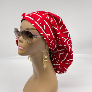 Ponytail PONY SCRUB CAP, Red and White Ankara cotton fabric surgical scrub hat pony nursing caps, satin lining option for locs/Long Hair