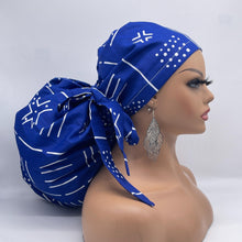 Load image into Gallery viewer, 2XL JUMBO PONY Scrub Cap, Royal blue and white tribal surgical nursing hat and satin lining option for Extra long/thick Hair/Locs